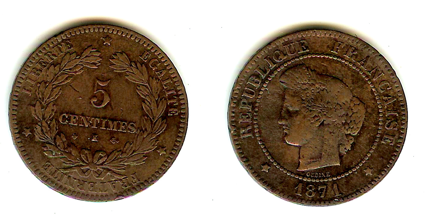 5 centimes Cérès 1871 Bordeaux TB+ à TTB